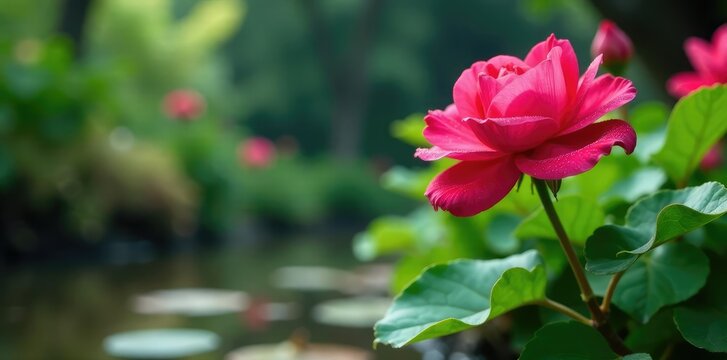 Rosa y margaritas crecen en un jard?n cubierto de agua, hidroponia, verdura