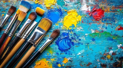 Fototapeta premium Vibrant Flat Design Illustration of Art Supplies on Wooden Surface