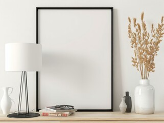 Empty black frame mockup with a lamp. vase. and books on a wooden table