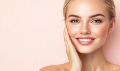 Fototapeta premium A smiling young woman with blonde hair is depicted gently touching her facial skin, representing the concept of spa beauty and cosmetology, with a radiant glow after bathing