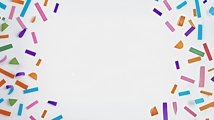  A white background with colorful confetti scattered around the central blank space, featuring pink, blue, orange, and purple shapes.