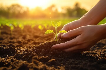 Fototapeta premium A farmerâ€™s hands nurturing a young plant in fresh soil, with a background of a vast organic farm under a golden sunrise.