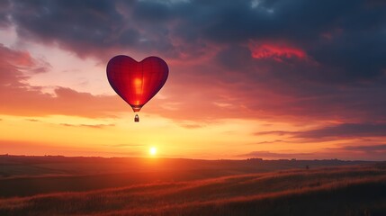Fototapeta premium Heart-shaped balloon soaring at sunset, vibrant colors merging in the sky, symbolizing love and freedom, perfect for romantic themes.