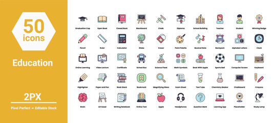 education icons set such as, 	award, bell, black, blackboard, book, bus, caps, clean, coach, education, flat, globe, graduation, icon, leaf, learn, learning, lesson, pen, vector stock illustration