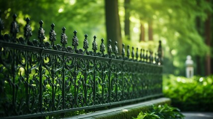 Beautiful iron fence with green background, classic ornamental metal fencing surrounded by lush trees.