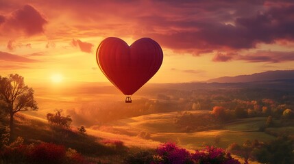 Fototapeta premium Heart-shaped balloon floating above a sunset landscape, vibrant colors, romantic theme, perfect for love messages.