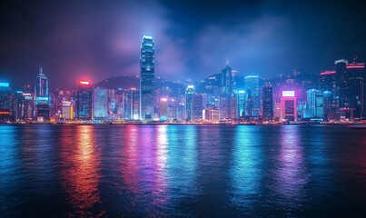 Glowing Neon Cityscape at Night, Generative AI