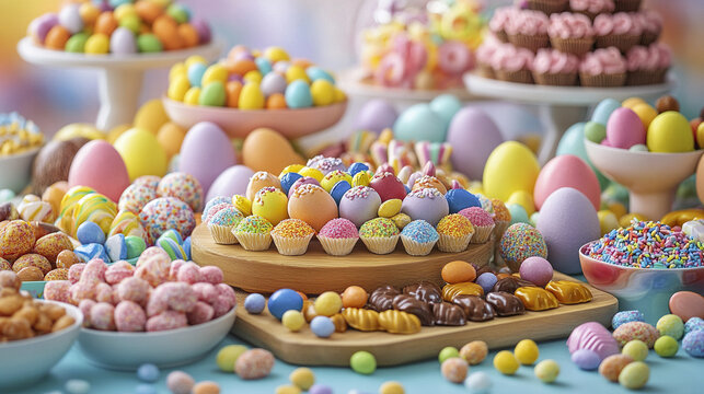 vibrant Easter candy buffet with colorful treats and decorations