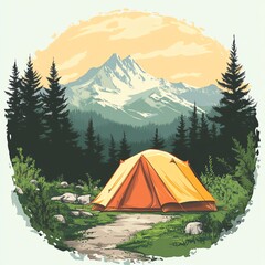 A serene camping scene features a vibrant orange tent in front of majestic mountains, surrounded by lush evergreen trees and a tranquil path.
