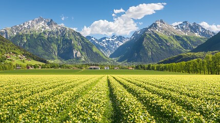 Bright Sunny Day in Alpine Valley with Yellow Flower Field and Snow Capped Mountains