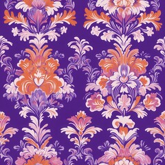 Intricate Purple Floral Pattern with Orange and Pink Flowers and Design Details. Patterned