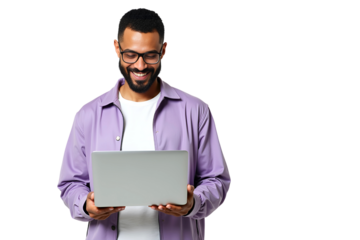 Confident young businessman using laptop isolated on transparent background