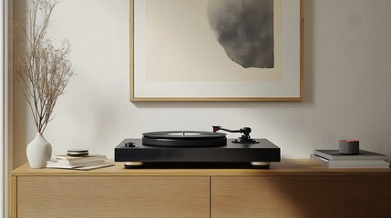 Modern Minimalist Home Audio Setup: Turntable and Accessories on Oak Wood Cabinet