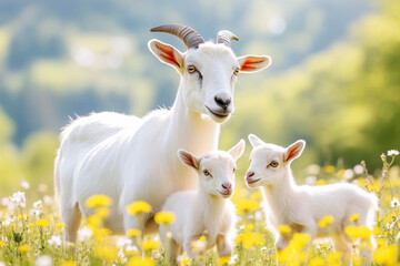White mother goat with two kids standing in a field of yellow flowers on a sunny day