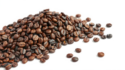 Naklejka premium Heap of Roasted Coffee Beans on White Background, Aromatic Fresh Espresso Ingredient for Cafe and Barista