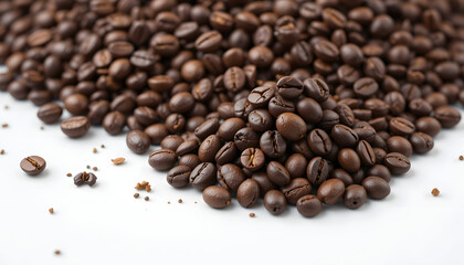 Fototapeta premium Heap of Roasted Coffee Beans on White Background, Aromatic Fresh Espresso Ingredient for Cafe and Barista