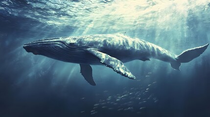 Naklejka premium Majestic humpback whale gracefully swimming through sunlit ocean depths, surrounded by small fish