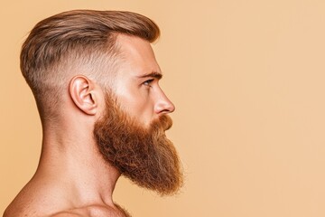 Fototapeta premium A stunning lady is captured in a profile photo, touching her neck as she undergoes an anti-wrinkle correction, isolated on a beige-colored backdrop