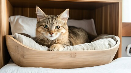 A cozy cat lounges comfortably in a wooden bed, surrounded by soft pillows, exuding a serene and content atmosphere.