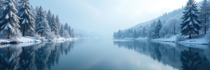 Obraz premium A calm and serene winter lake scene with surrounding evergreen trees, frosty atmosphere, serene landscape