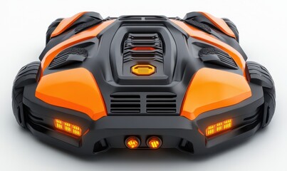 Fototapeta premium Orange robotic lawnmower on white background, ideal for ads