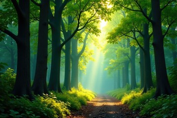 Obraz premium A calm and quiet forest with tall trees and dappled light, nature scenery, tree foliage, dappled light