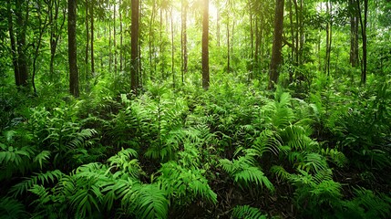 Lush Green Forest Sunlight Through Trees