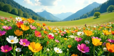 Obraz premium A carpet of colorful wildflowers blanketing the landscape, flowers, spring