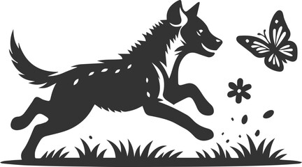 A hyena chasing a butterfly, playful and energetic vector animal silhouette