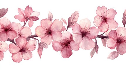 A delicate watercolor illustration of pink cherry blossoms on a white background.