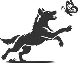 A hyena chasing a butterfly, playful and energetic vector animal silhouette