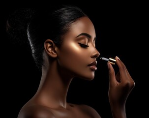 Obraz premium Skincare and wellness are represented by a Nigerian model, who uses a pipette of serum and a hyaluronic oil dropper to achieve healthy, flawless skin, symbolizing beauty and facial treatment