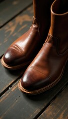 Brown leather boots with visible stitching and textured sole on a wood plank floor, texture, footwear