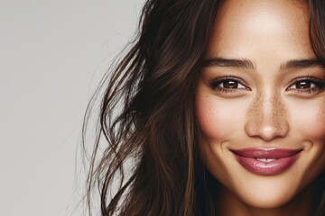 Obraz premium In a studio, a confident Latino female or young girl showcases her healthy and beautiful skin, achieved through effective skincare and makeup, exuding joy and positivity with a bright smile