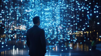 Young male observing digital light display in futuristic cityscape