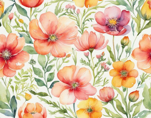 Obraz premium Watercolor Floral Pattern with Red and Yellow Blossoms on a White Background for Decorative Design