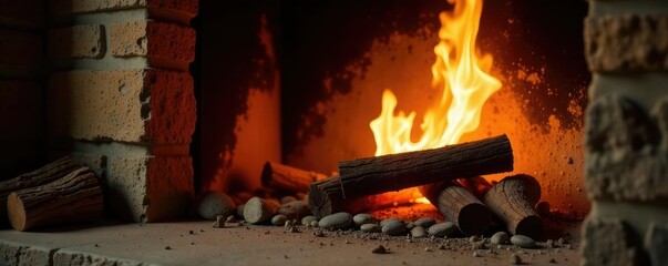 Burning wood in a stone fireplace with warm golden light on the surrounding wall, nature, fireplace