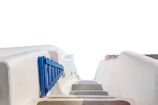 Stairs and open gate in Santorini, Greece isolated on transparent white png