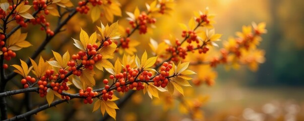 Obraz premium Bush with abundance of golden autumn berries and leaves, golden leaves, autumn, nature