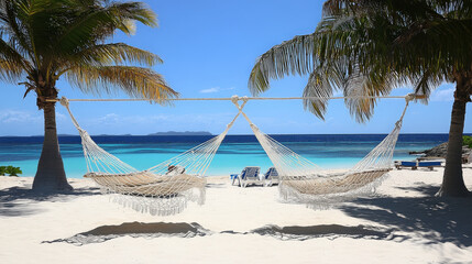 Beach scene with hammocks under palm trees, promoting relaxation and tranquility