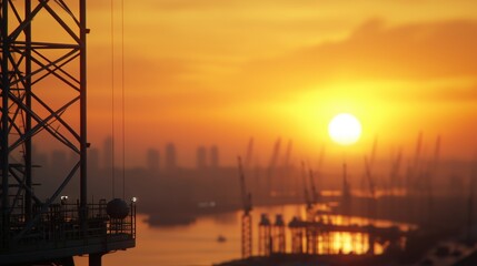 Obraz premium Industrial Rig at Sunset Over Energy Port with Cranes and City Skyline Silhouetted Against Vibrant Orange and Yellow Horizon