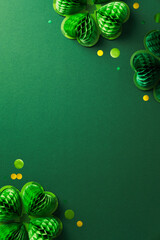 St Patrick's Day celebration vertical banner design. Flat lay honeycomb paper clover leaves with...