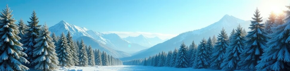 Obraz premium Dense evergreen forest under a clear blue sky, Clear blue sky, Frosty atmosphere