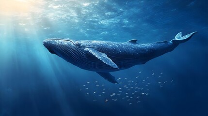 Fototapeta premium Majestic humpback whale swimming gracefully in deep blue ocean waters with sunlight filtering through