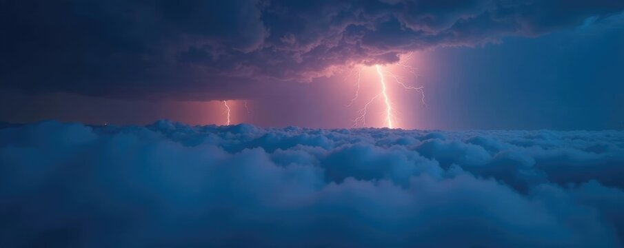 Dense fog rolling in with flashes of bright lightning on a dark evening, clouds, rain, weather