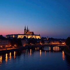 Fototapeta premium Warszawa cityscape with historic buildings at dusk, sunset, nighttime urban landscape