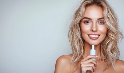 The camera zooms in on a stunning blond girl as she puts on lip balm, adding a touch of pink gloss to enhance her natural glow, her perfect complexion standing out against a clean white backdrop