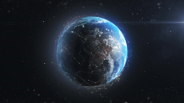 Ai network on line 3d earth animation background. Concept global spread of epidemic infected or hacking. Humanity connections security blockchain.