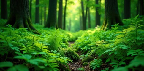 Obraz premium Dense foliage of green bush ferns on forest floor, nature, vegetation