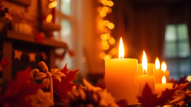 Warm Autumnal Glow: Candles, Leaves, and Fairy Lights for Fall Festivities.